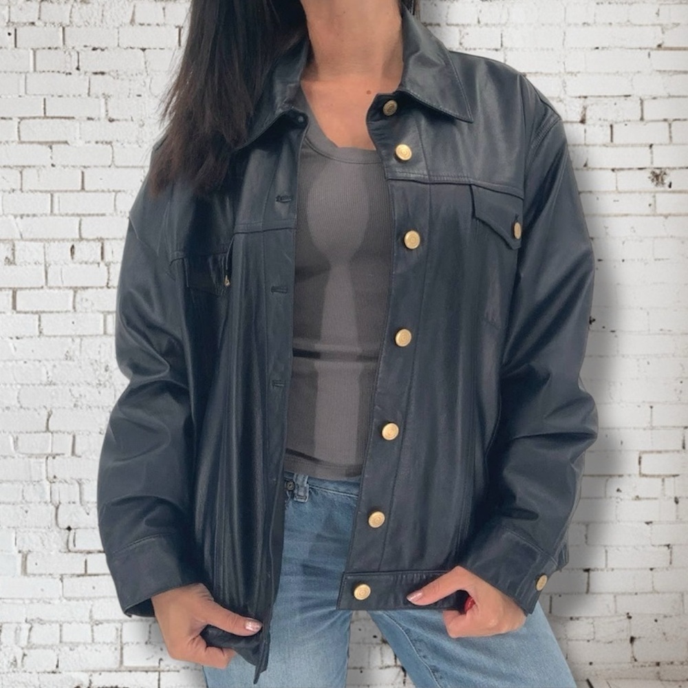 RALPH LAUREN Vintage 100% Leather Button Front Jacket Navy Blue & Gold Sz. Small